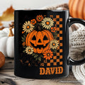 Checkered Floral Pumpkin Personalized Mug, Retro Preppy Halloween Gift with Custom Name for Spooky Season Vibes