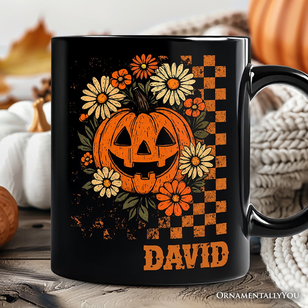 Checkered Floral Pumpkin Personalized Mug, Retro Preppy Halloween Gift with Custom Name for Spooky Season Vibes