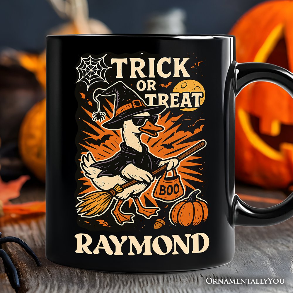 Trick or Treat Goose Personalized Mug, Vintage Halloween Witch Gift with Custom Name
