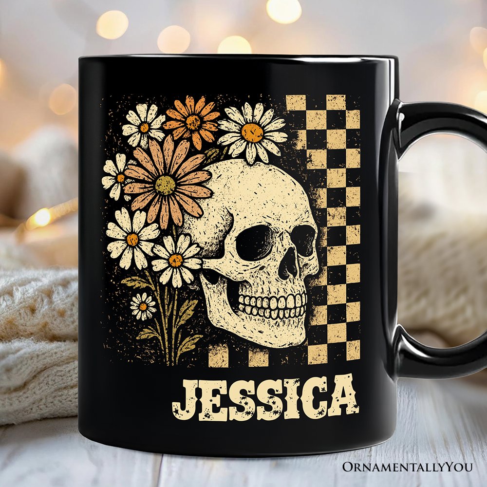 Checkered Floral Skeleton Personalized Mug, Vintage Skull Daisy Halloween Gift with Custom Name