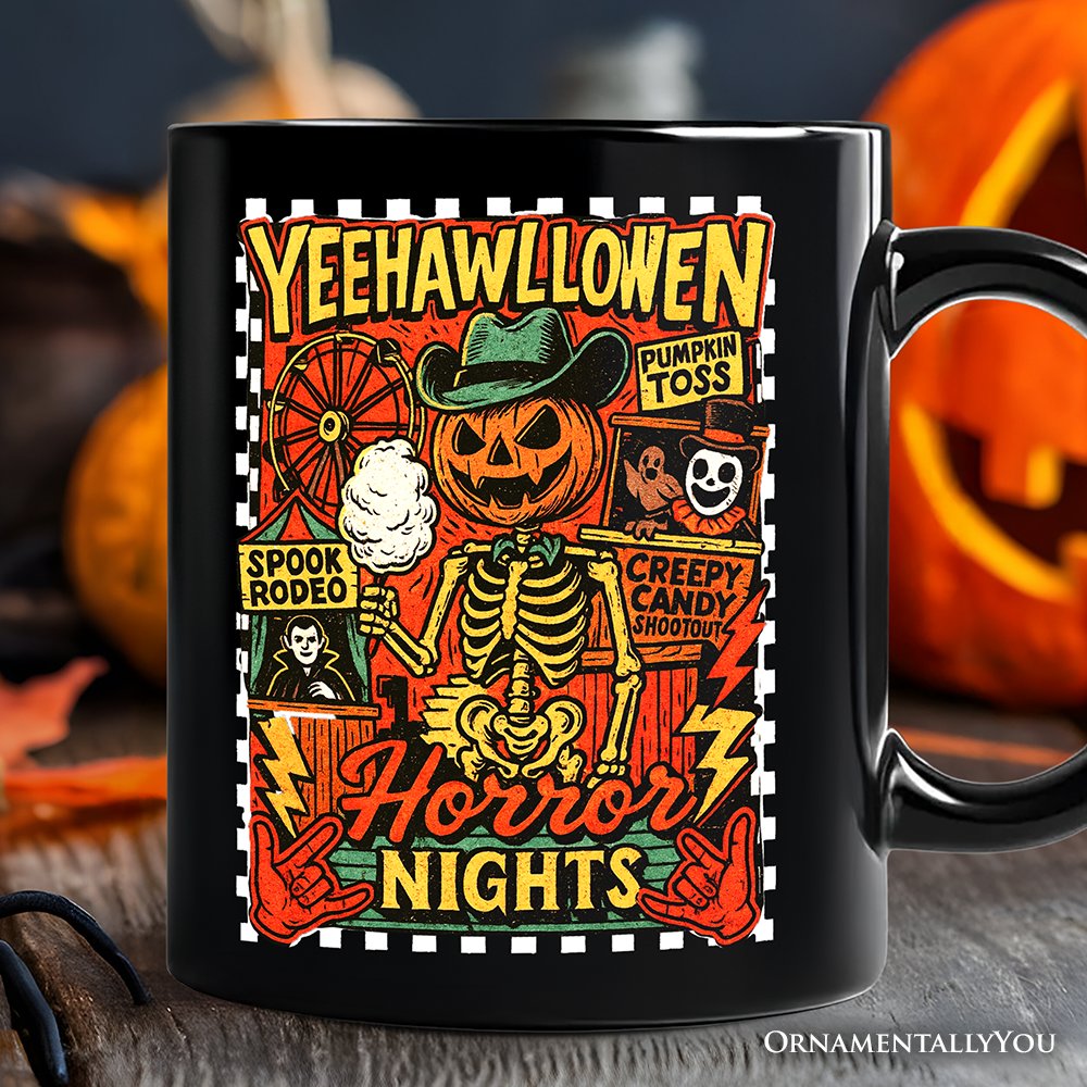 Yee Haw Halloween Retro Pumpkin Skeleton Personalized Mug, Spooky Country Western Gift with Custom Name