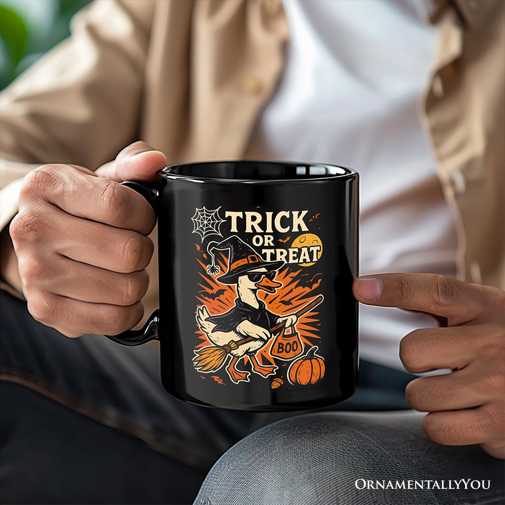 Trick or Treat Goose Personalized Mug, Vintage Halloween Witch Gift with Custom Name