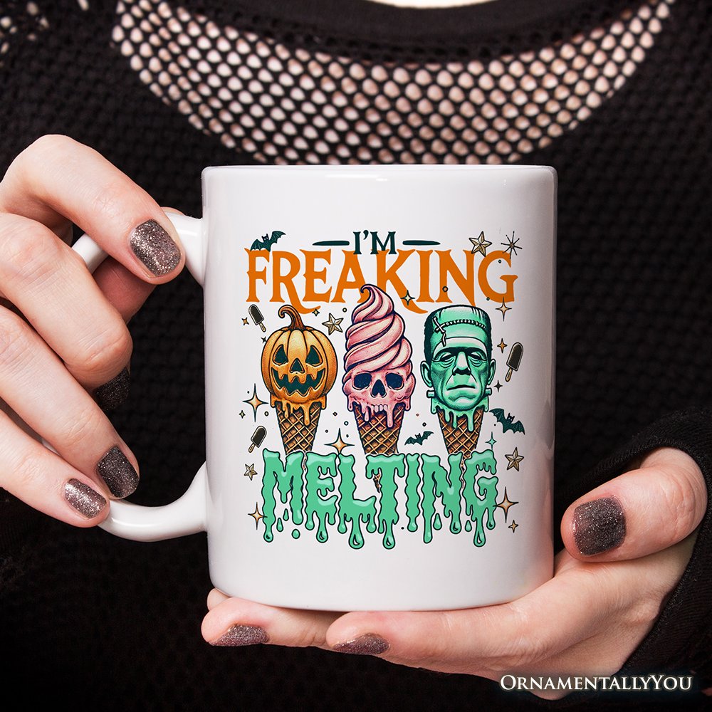 I’m Freaking Melting Frankenstein Personalized Mug, Funny Ice Cream Halloween Gift with Custom Name for Summer Spooky Season
