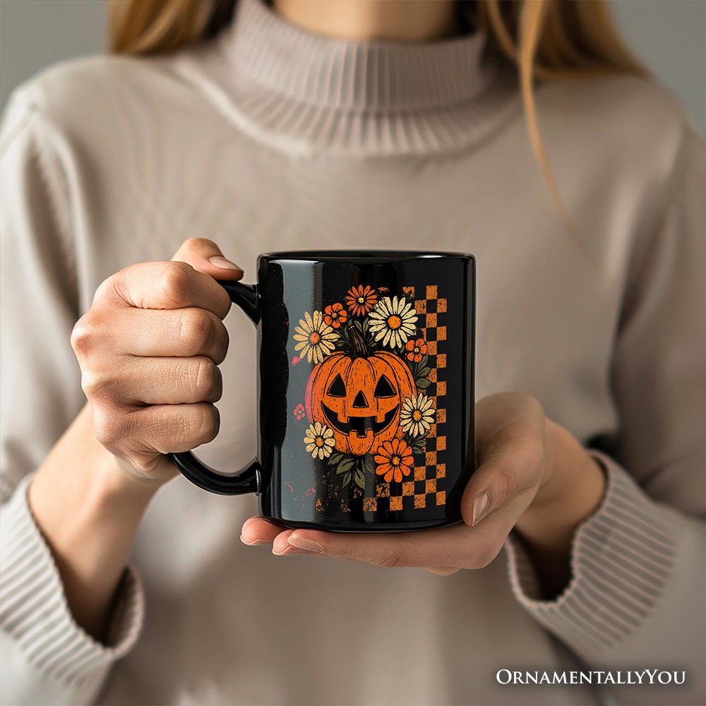 Checkered Floral Pumpkin Personalized Mug, Retro Preppy Halloween Gift with Custom Name for Spooky Season Vibes