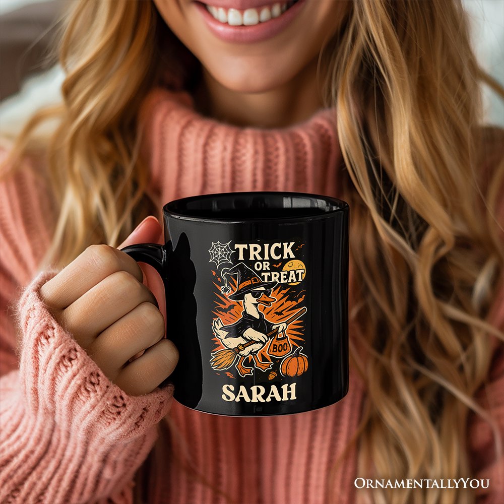Trick or Treat Goose Personalized Mug, Vintage Halloween Witch Gift with Custom Name