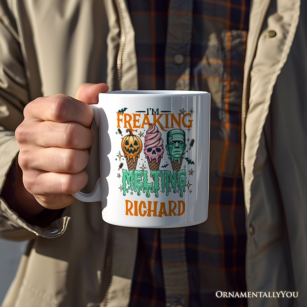 I’m Freaking Melting Frankenstein Personalized Mug, Funny Ice Cream Halloween Gift with Custom Name for Summer Spooky Season