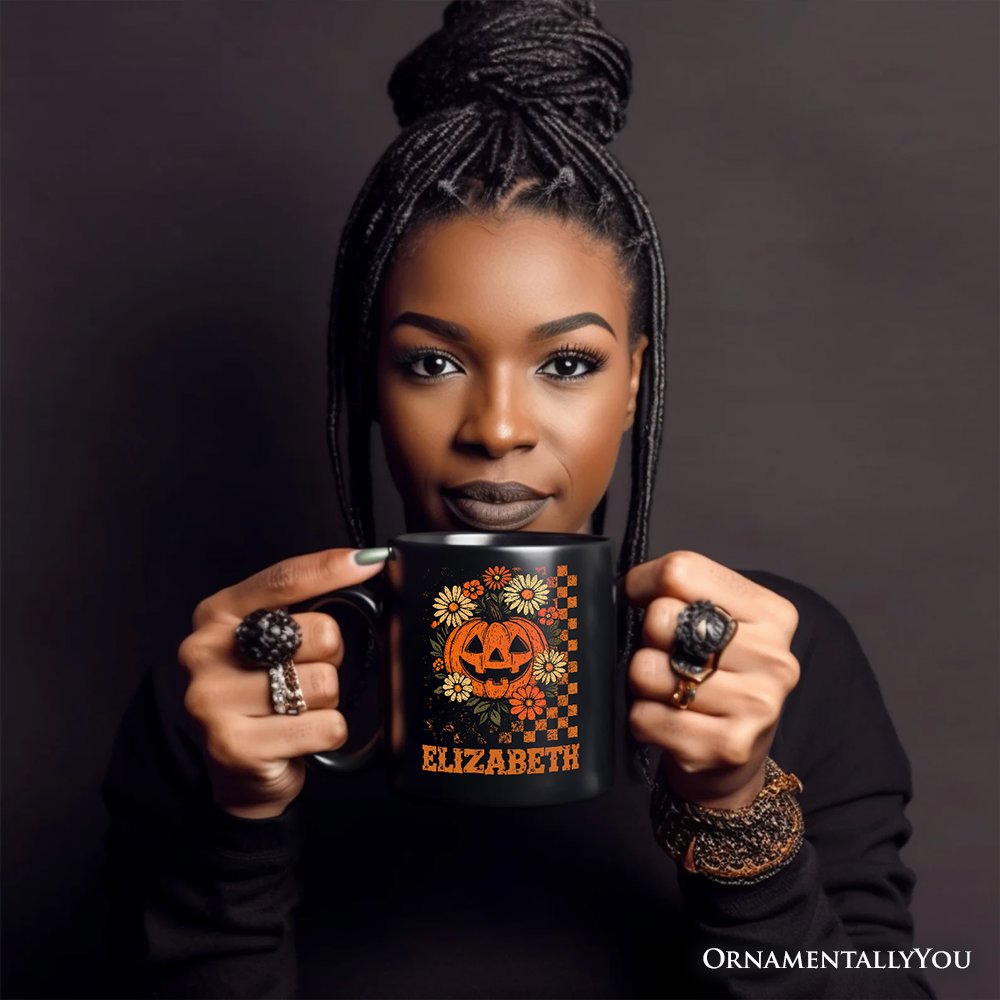 Checkered Floral Pumpkin Personalized Mug, Retro Preppy Halloween Gift with Custom Name for Spooky Season Vibes