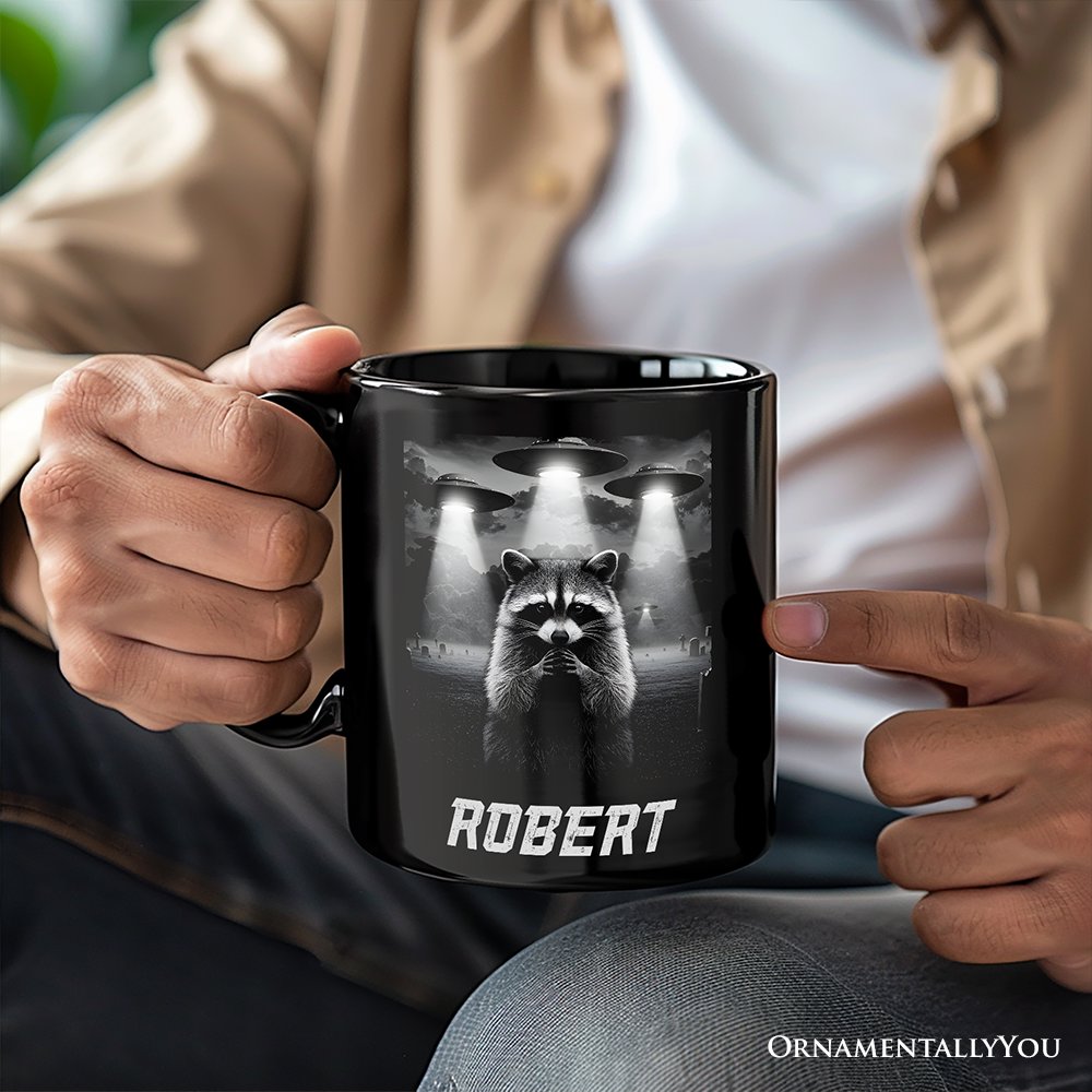 Funny Raccoon UFO Personalized Mug, Unisex Black Gift with Custom Name