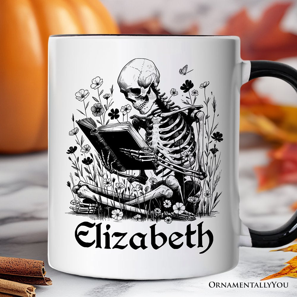 Gothic Reading Skeleton Personalized Mug, Floral Halloween Gift with Custom Name