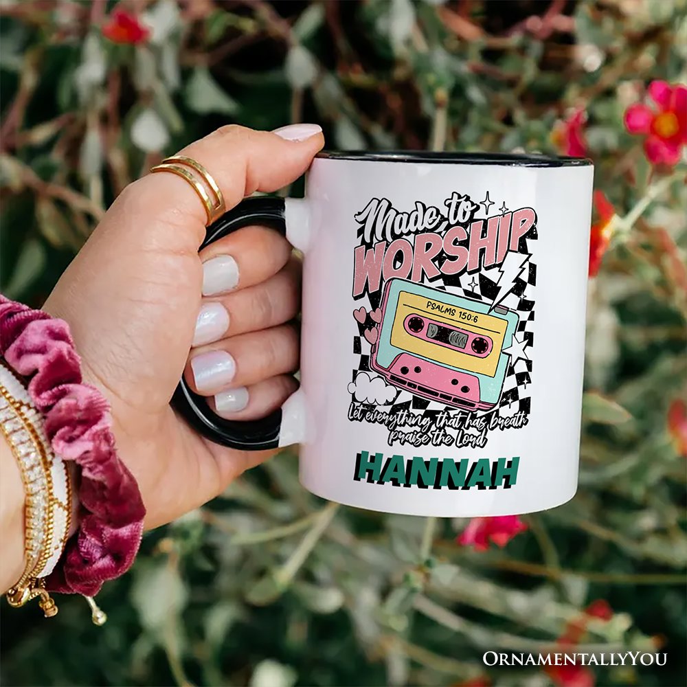 Made to Worship Christian Retro Personalized Mug, Psalm 150:6 Bible Verse Gift with Custom Name