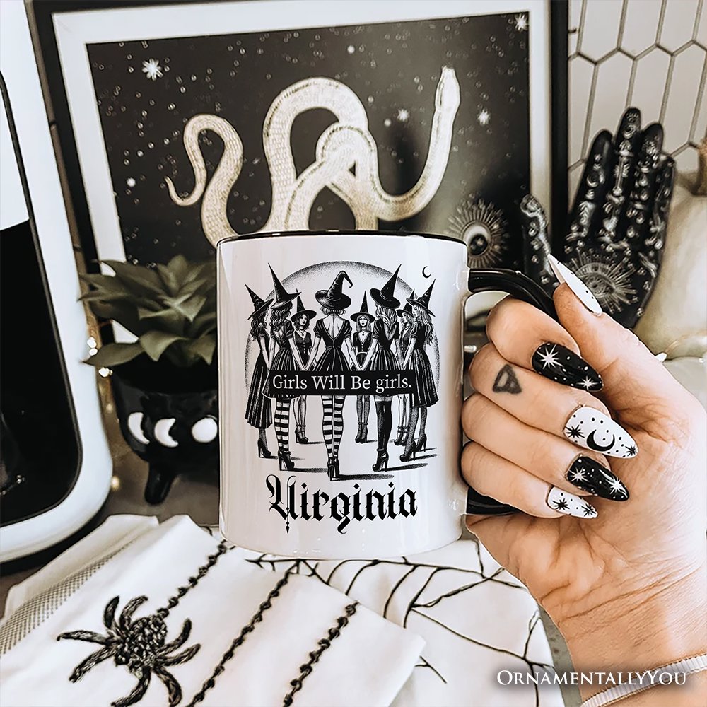 Girls Will Be Girls Personalized Mug, Witchy Halloween Gift with Custom Name for Empowered Women