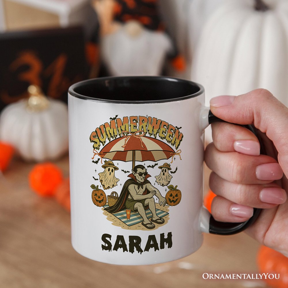 Summerween Vampire Dracula Personalized Mug, Retro Halloween Beach Gift with Custom Name for Horror Spooky Summer Season