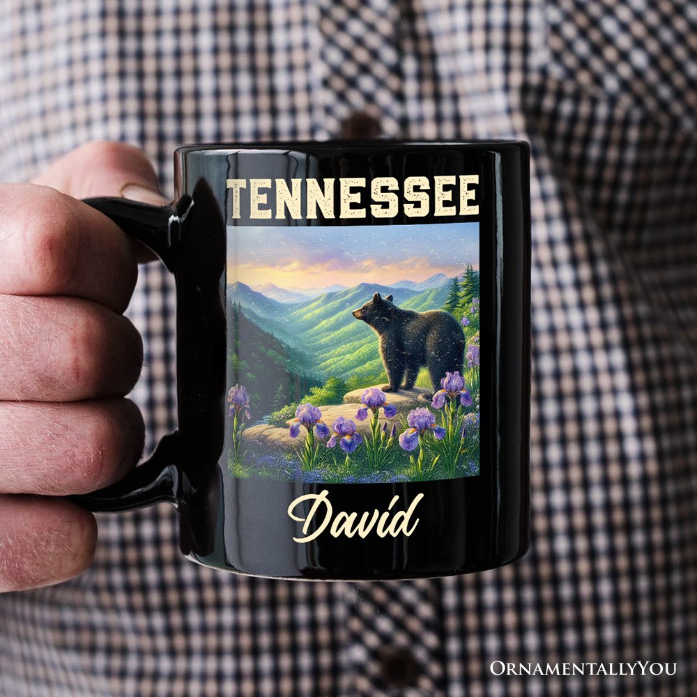Scenic Tennessee State Great Smoky Mountains Personalized Mug, Black Bear and Wildflower Nature Gift and Travel Souvenir with Custom Name