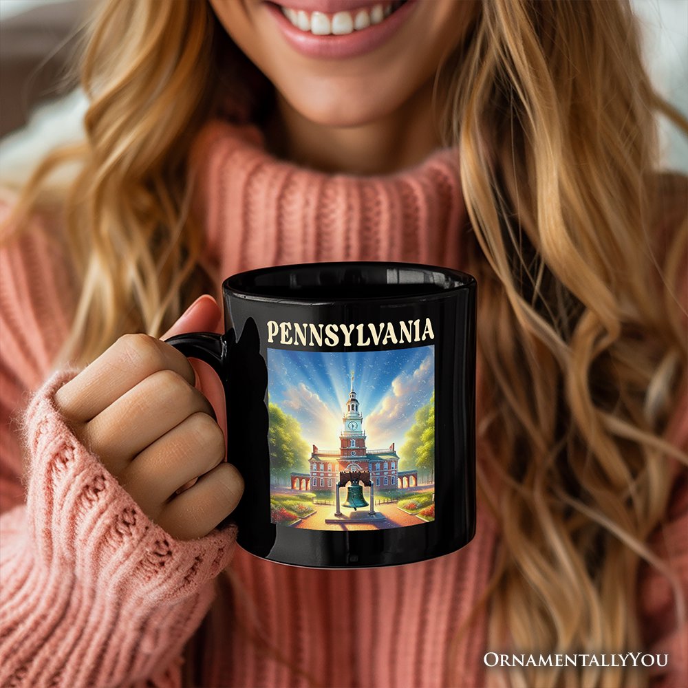 Historic Liberty Bell and Independence Hall Pennsylvania State Personalized Mug, Colonial Landmark Gift and Travel Souvenir with Custom Name
