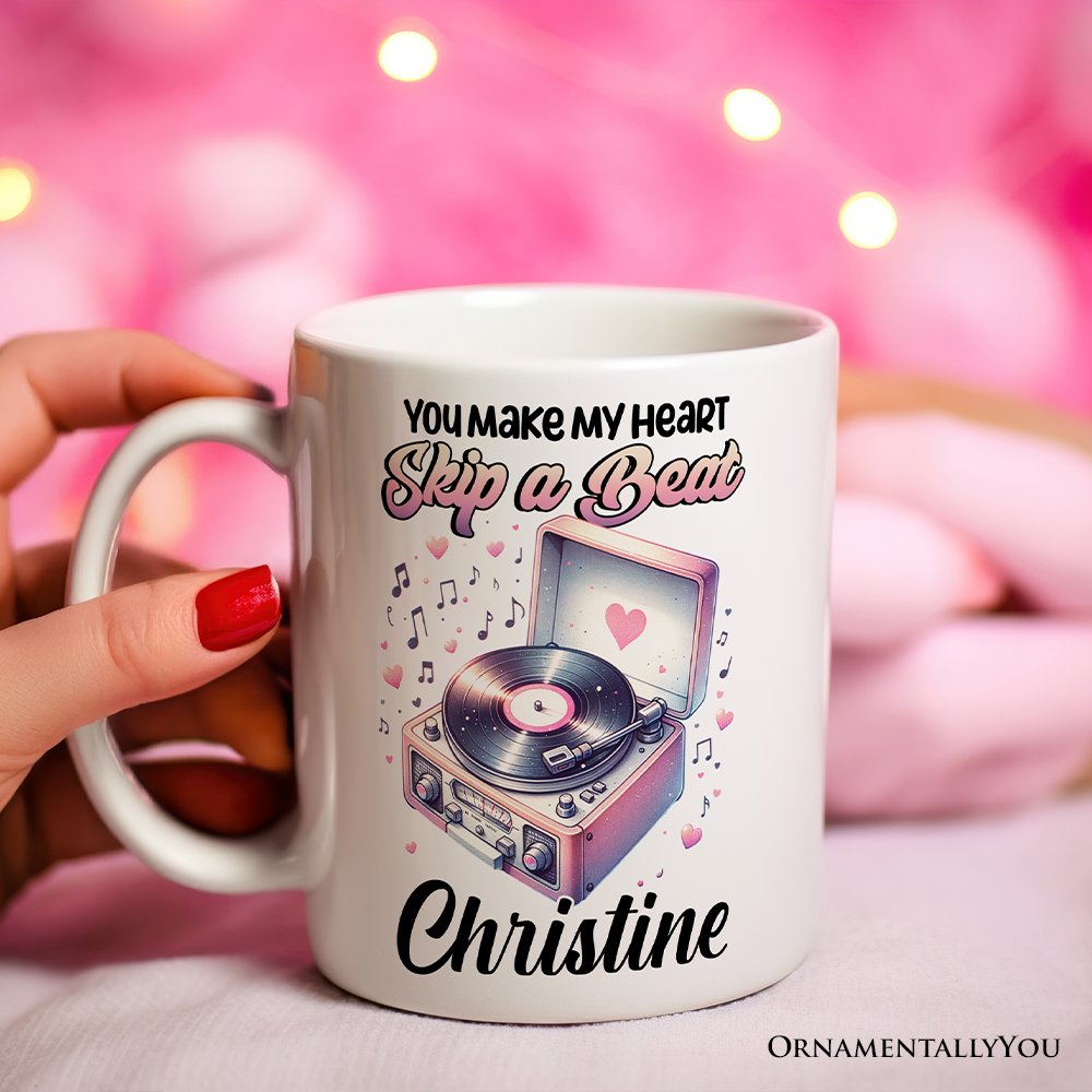 You Make My Heart Skip a Beat Personalized Mug, Vintage Turntable Vinyl Record Player Cute Gift With Custom Name