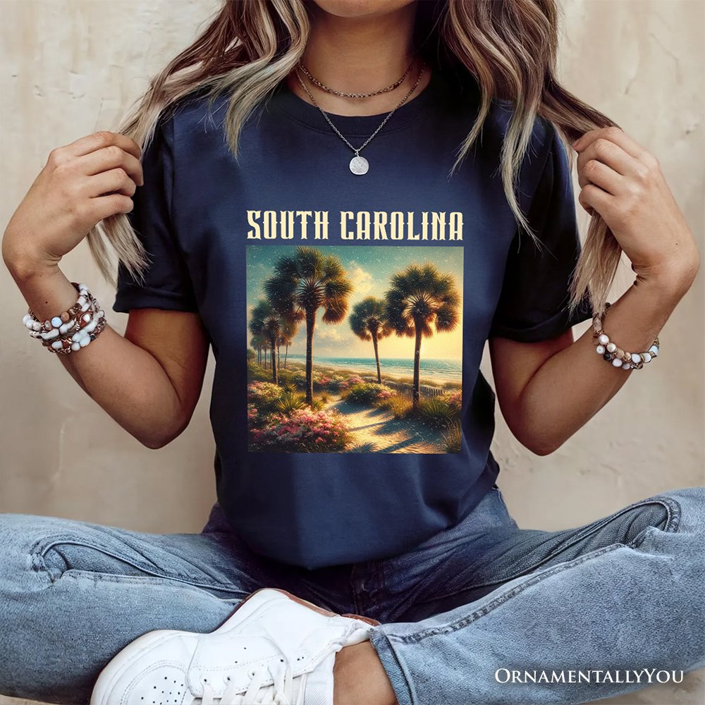 Serene South Carolina State Palmetto Beach Scene T-Shirt, Coastal Tee and Tropical Keepsake Souvenir