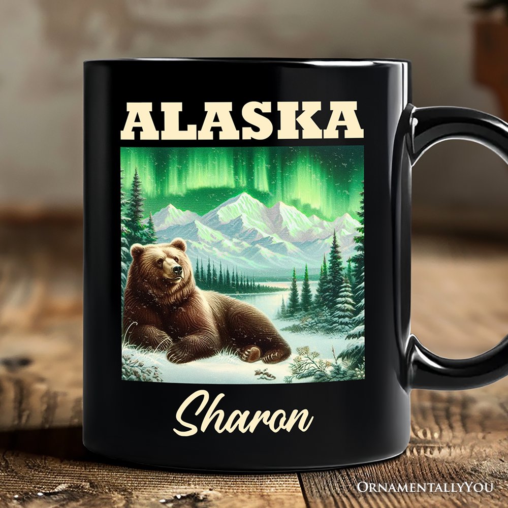 Majestic Alaska State Wilderness Vintage Personalized Mug, Northern Lights Grizzly Bear Gift and Nature Souvenir with Custom Name