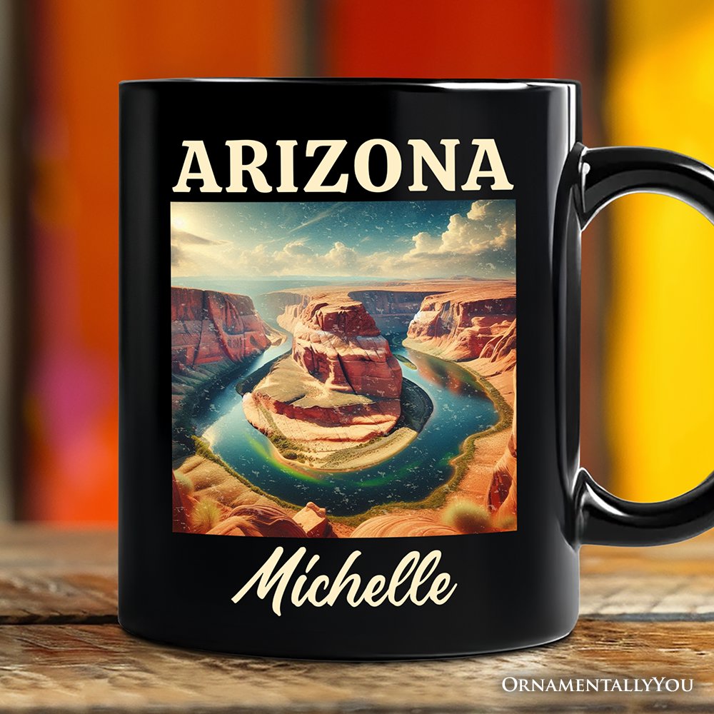 Scenic Arizona State Desert Canyon Vintage Personalized Mug, Horseshoe Bend Gift and Southwest Nature Souvenir with Custom Name