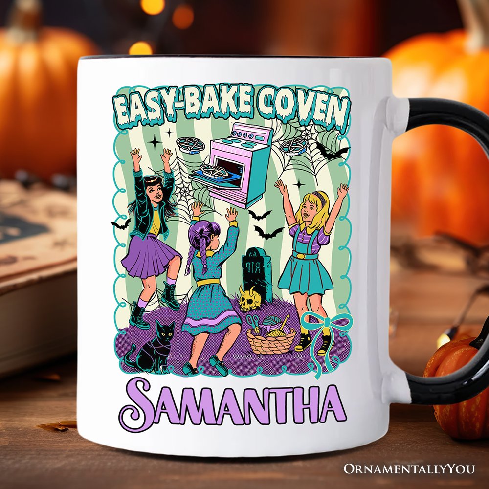 Retro Easy-Bake Coven Horror Movie Personalized Mug, Funny Retro Witch Halloween Gift with Custom Name