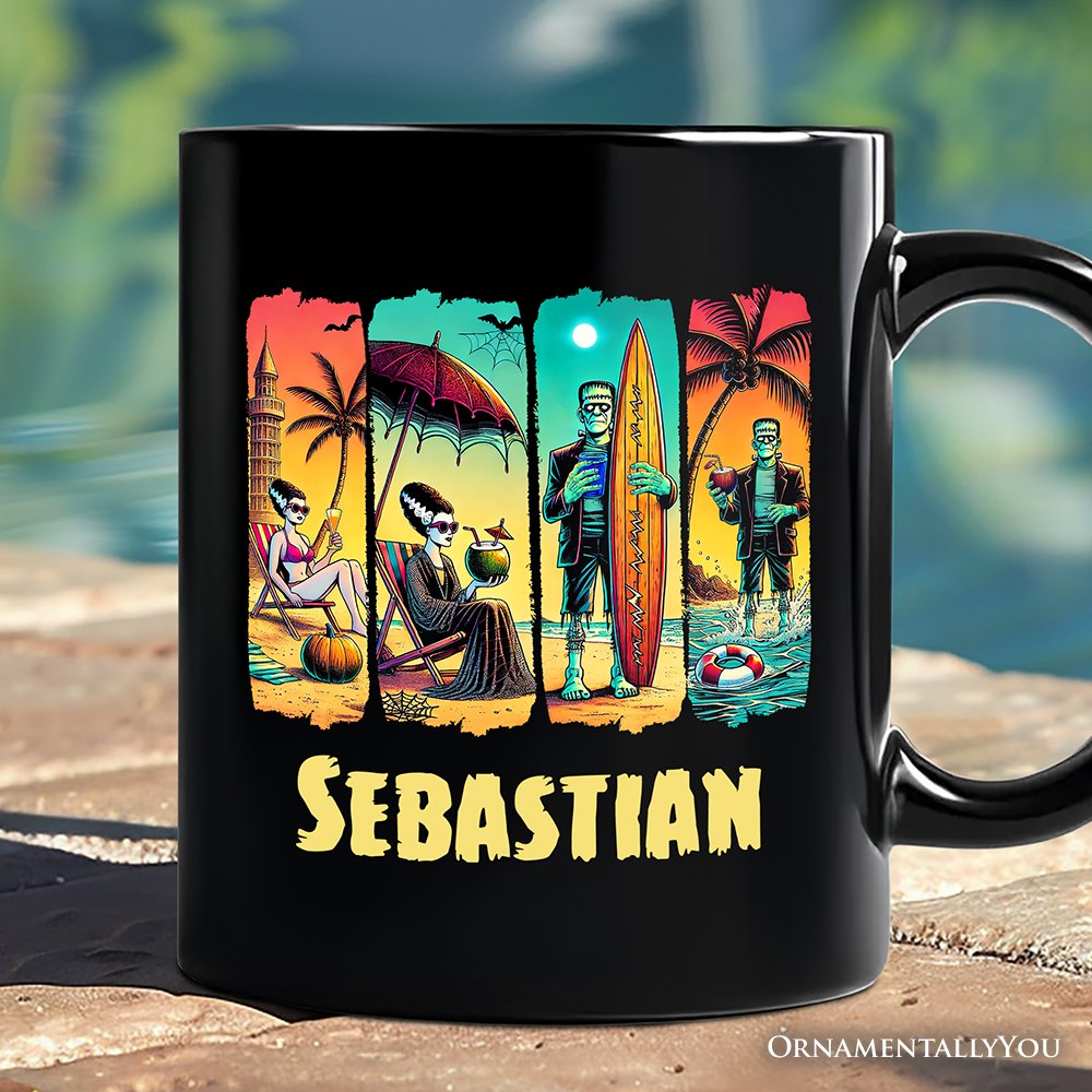 Frankenstein's Beach Vacation Personalized Mug, Retro Neon Summer Vibes Gift with Custom Name