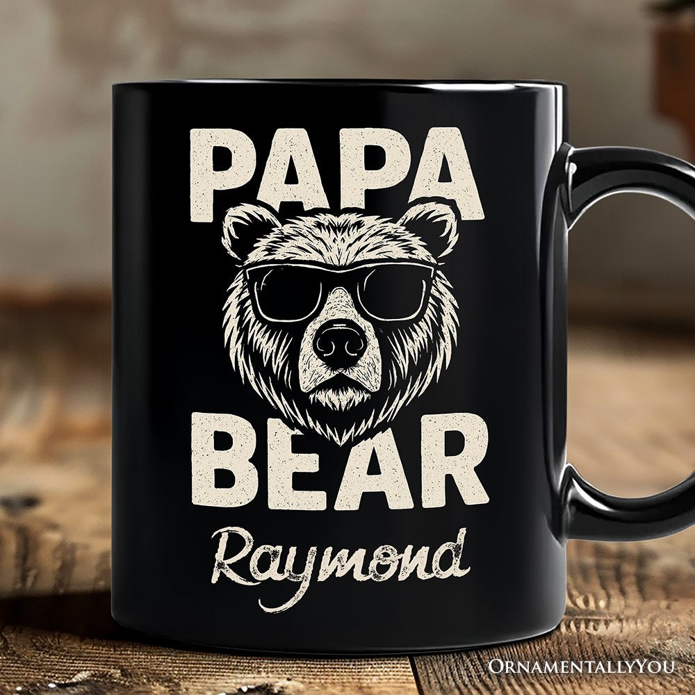 Papa Bear Sunglasses Personalized Mug, Black Vintage Gift with Custom Name for Cool Dads