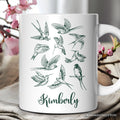 Retro Birds Nature Personalized Mug, Vintage Green Bird Illustration Gift with Custom Name