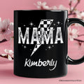 Checkered Lightning Bolt Mama Personalized Mug, Vintage Retro Black and White Gift with Custom Name for Energetic Moms