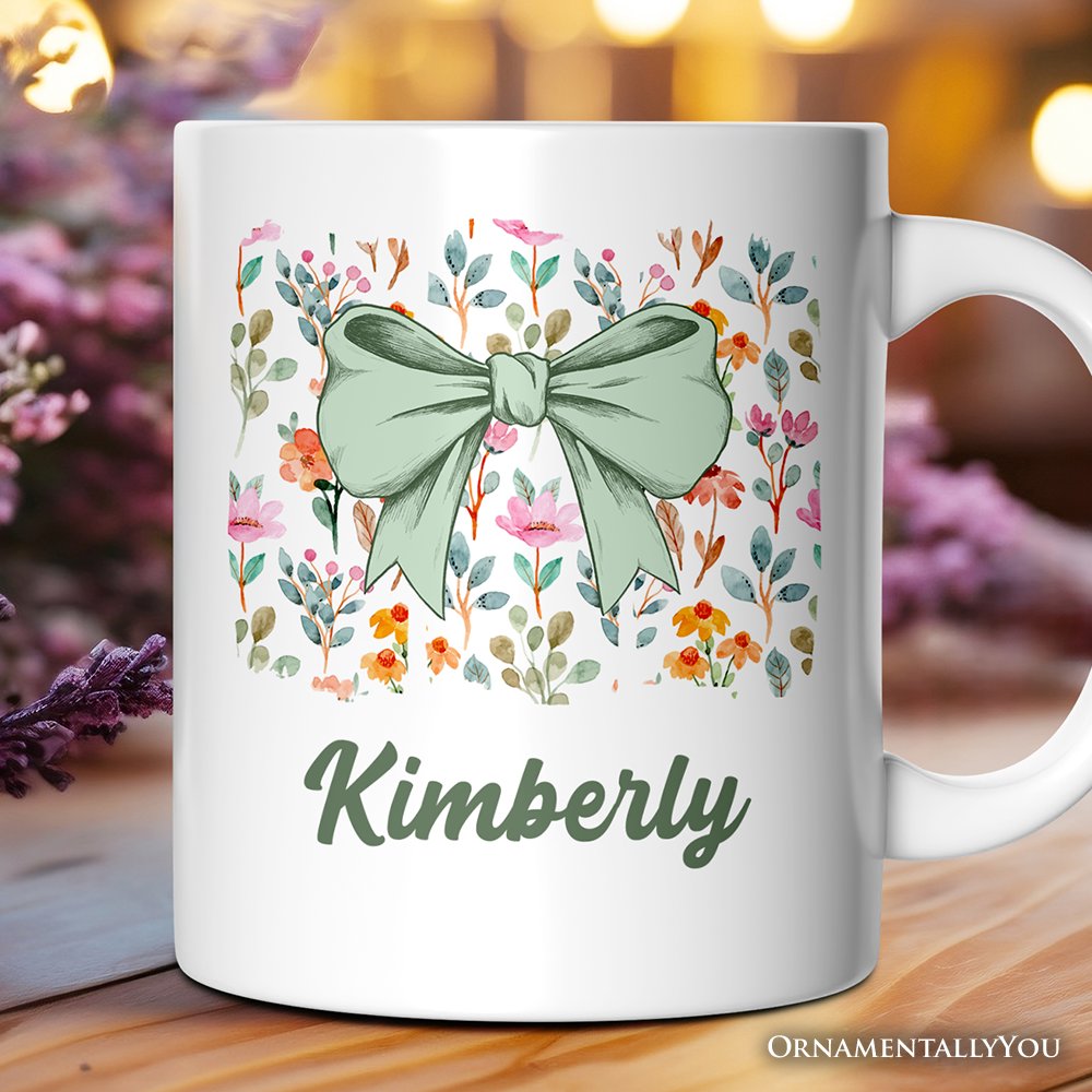 Floral Coquette Bow Personalized Mug, Cute Spring Preppy Girly Flowers Gift with Custom Name