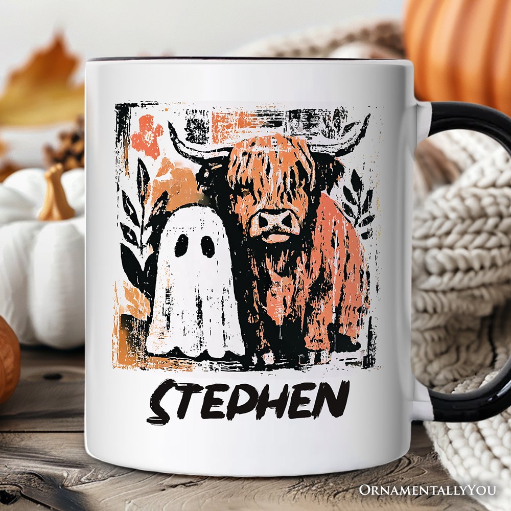 Highland Cow Ghost Fall Personalized Mug, Spooky Season Halloween Gift with Custom Name