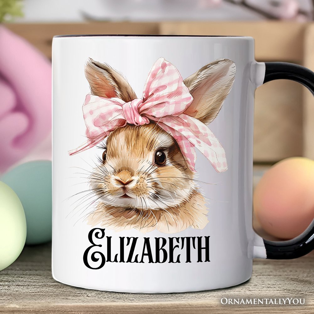Easter Bunny Coquette Pink Bow Personalized Mug, Cute Watercolor Spring Gift with Custom Name