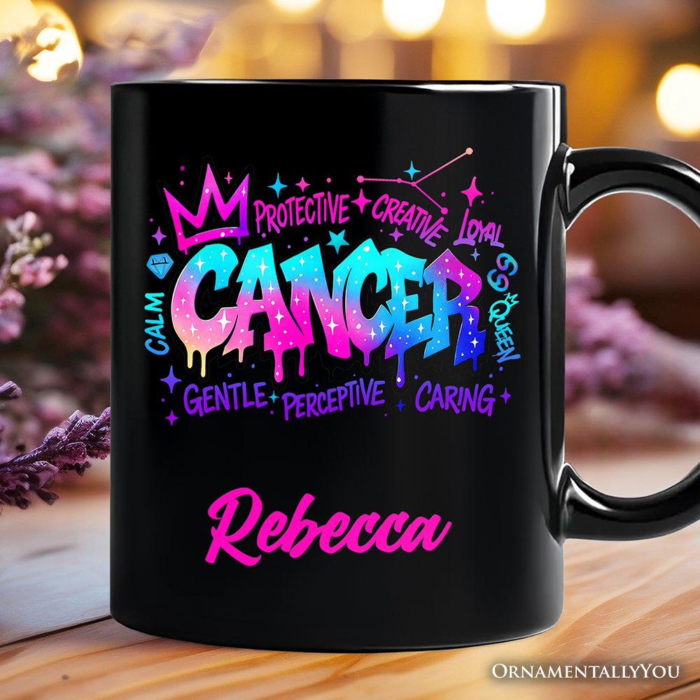 Cancer Graffiti Zodiac Personalized Mug, Street Style Astrology Horoscope Gift with Custom Name