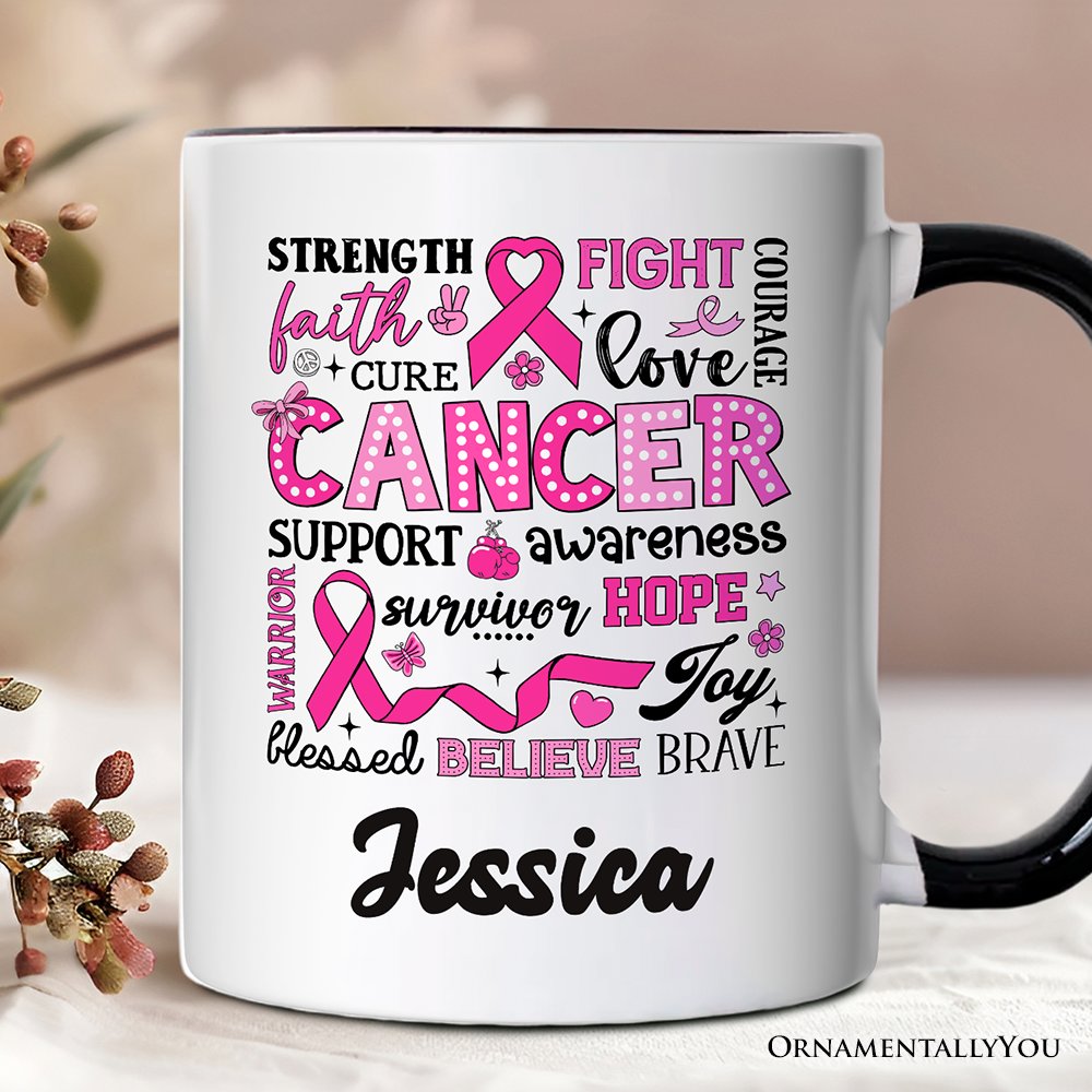Breast Cancer Awareness Ribbon Personalized Mug, In October We Wear Pink Support Gift with Custom Name