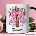 Breast Cancer Pink Bow Cross Personalized Mug, Awareness Faith Christian Gift with Custom Name