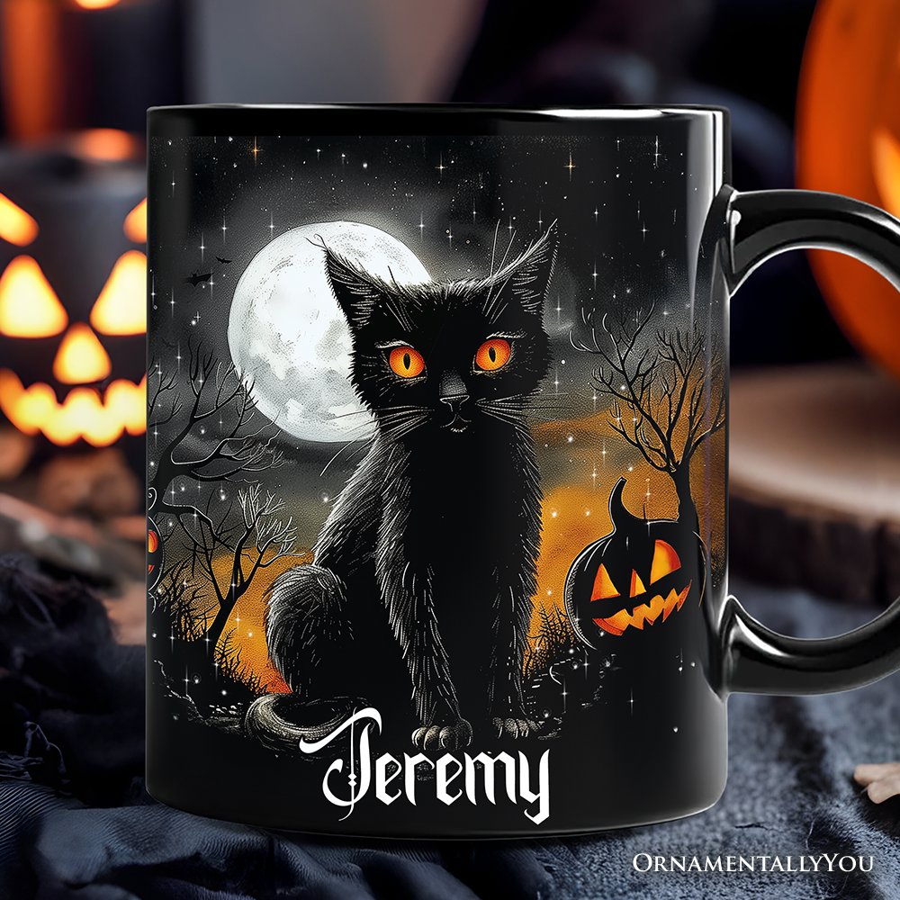 Cat Night Halloween Personalized Mug, Spooky Horror Gift with Custom Name