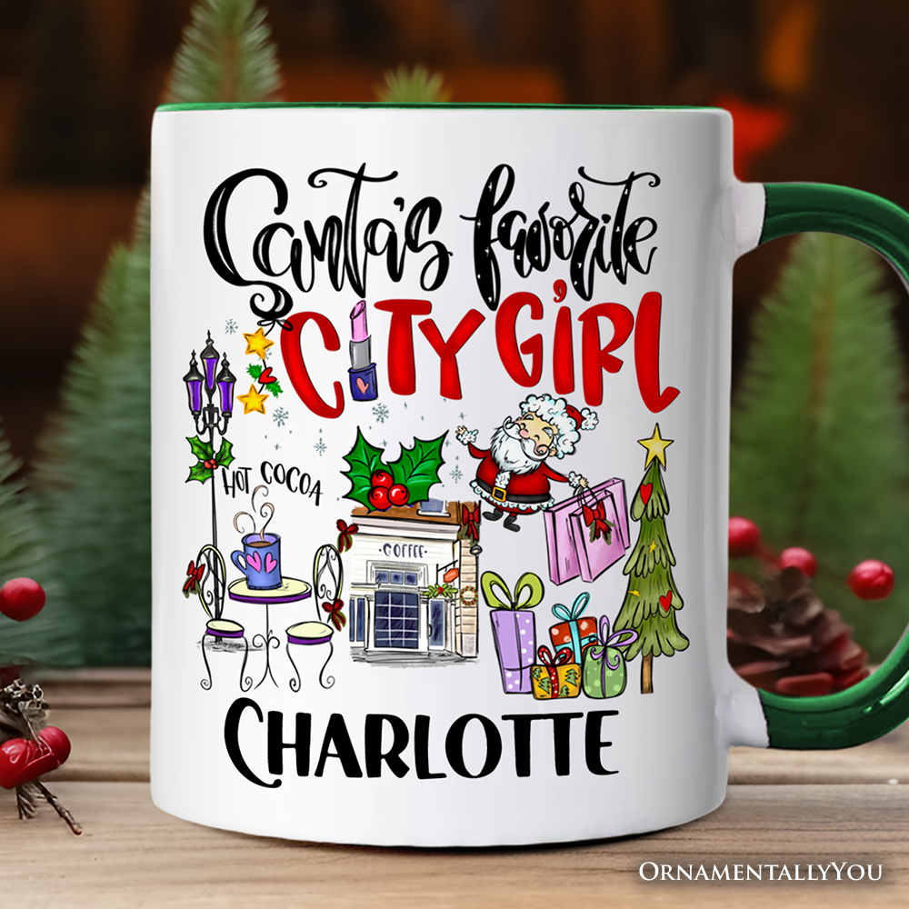 Santa's Favorite City Girl Personalized Mug, Urban Lifestyle Christmas Gift with Custom Name