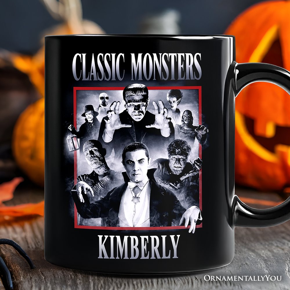 Classic Monsters Black and White Personalized Mug, Retro Vintage Horror Gift with Custom Name