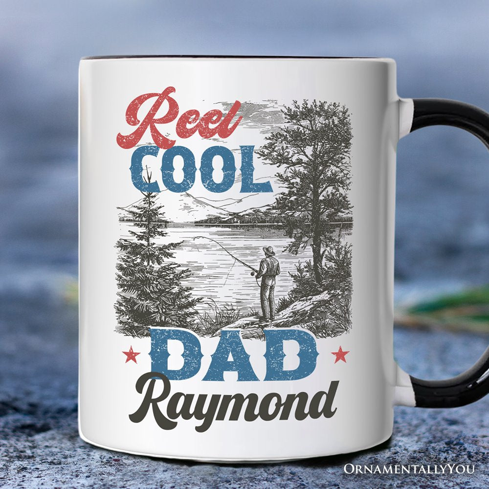 Reel Cool Dad Fishing Personalized Mug, Funny Vintage Fisherman Fatherhood Gift with Custom Name