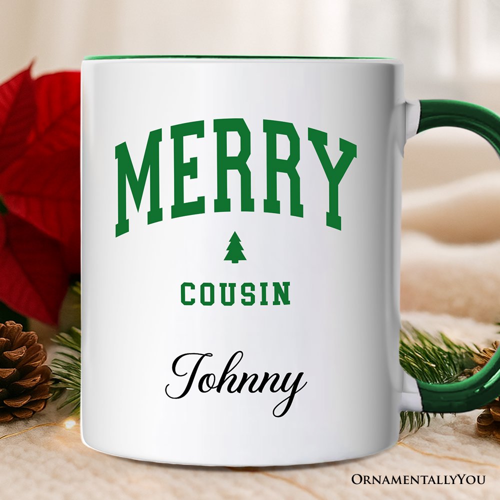 Merry Cousin Christmas Personalized Mug, Matching Family Holiday Gift with Custom Name