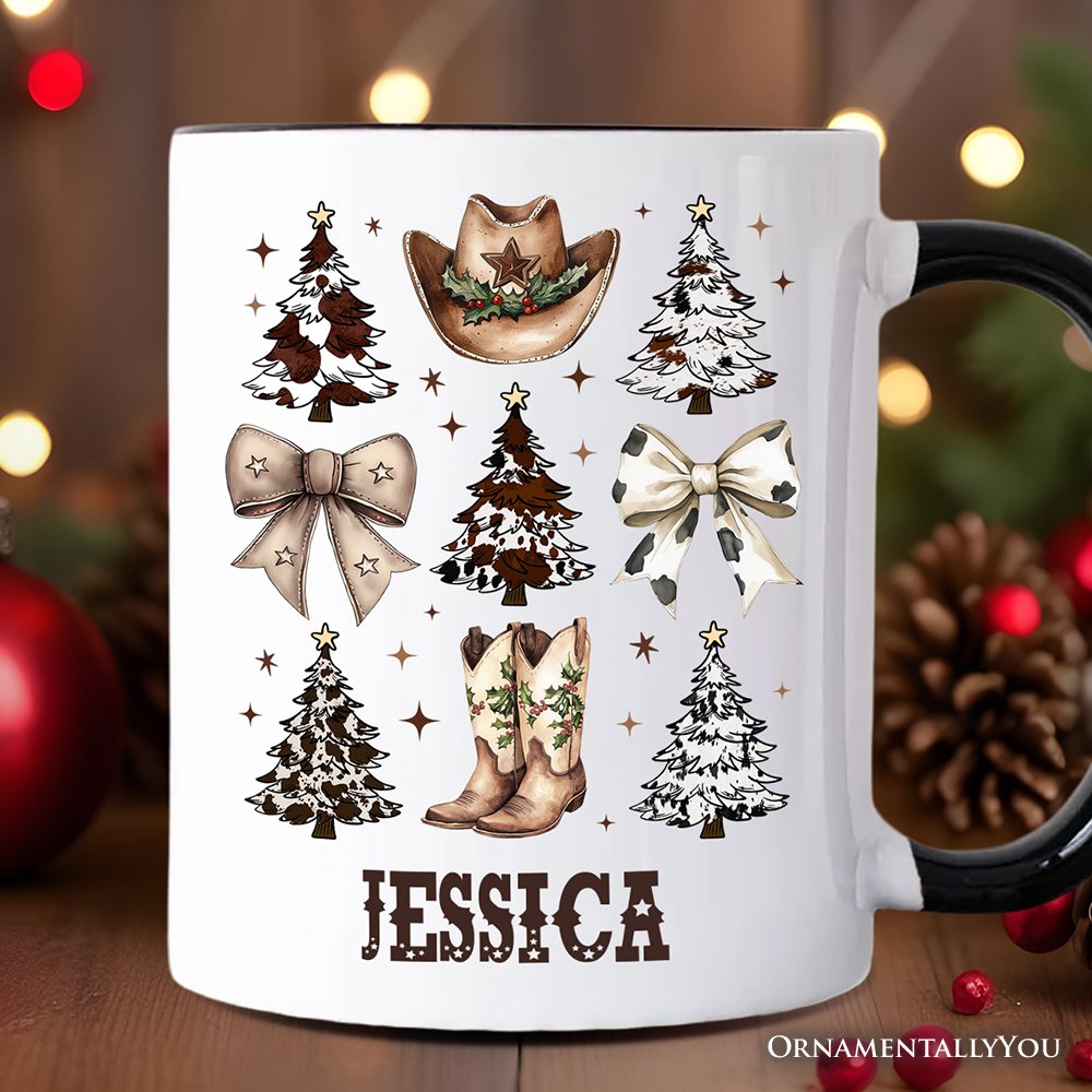 Western Christmas Coquette Tree Personalized Mug, Country Holiday Cowboy Gift with Custom Name