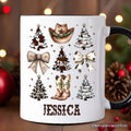 Western Christmas Coquette Tree Personalized Mug, Country Holiday Cowboy Gift with Custom Name
