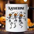 Dancing Skeletons with Pumpkin Head Personalized Mug, Dry Bones Come Alive Halloween Fun Gift with Custom Name