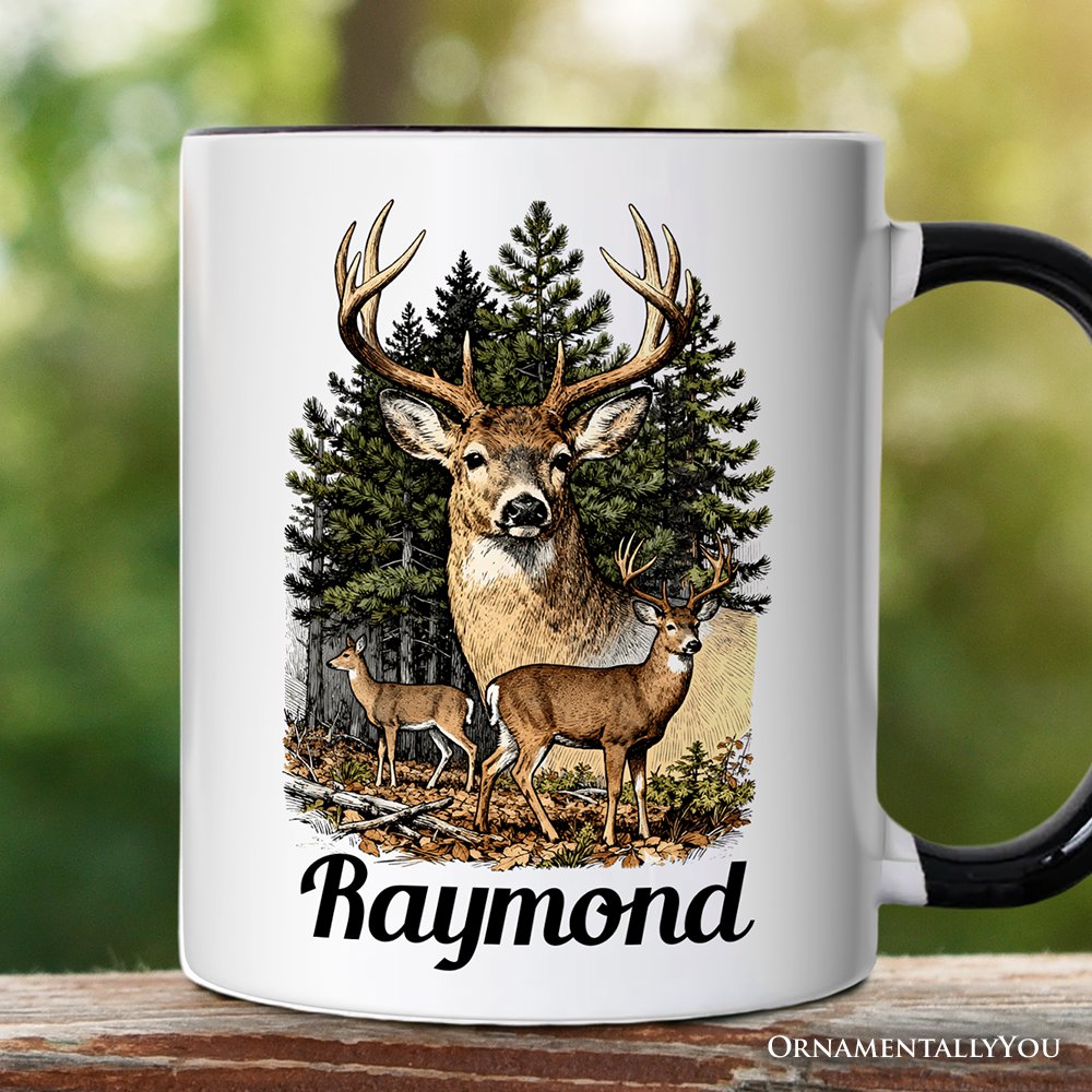 Forest Deers Vintage Grunge Personalized Mug, Retro Hunter Gift with Custom Name