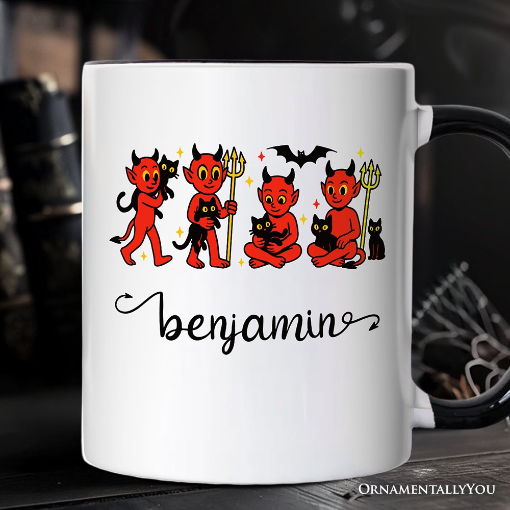 Cute Red Devils and Cats Personalized Mug, Vintage Halloween Gift with Custom Name