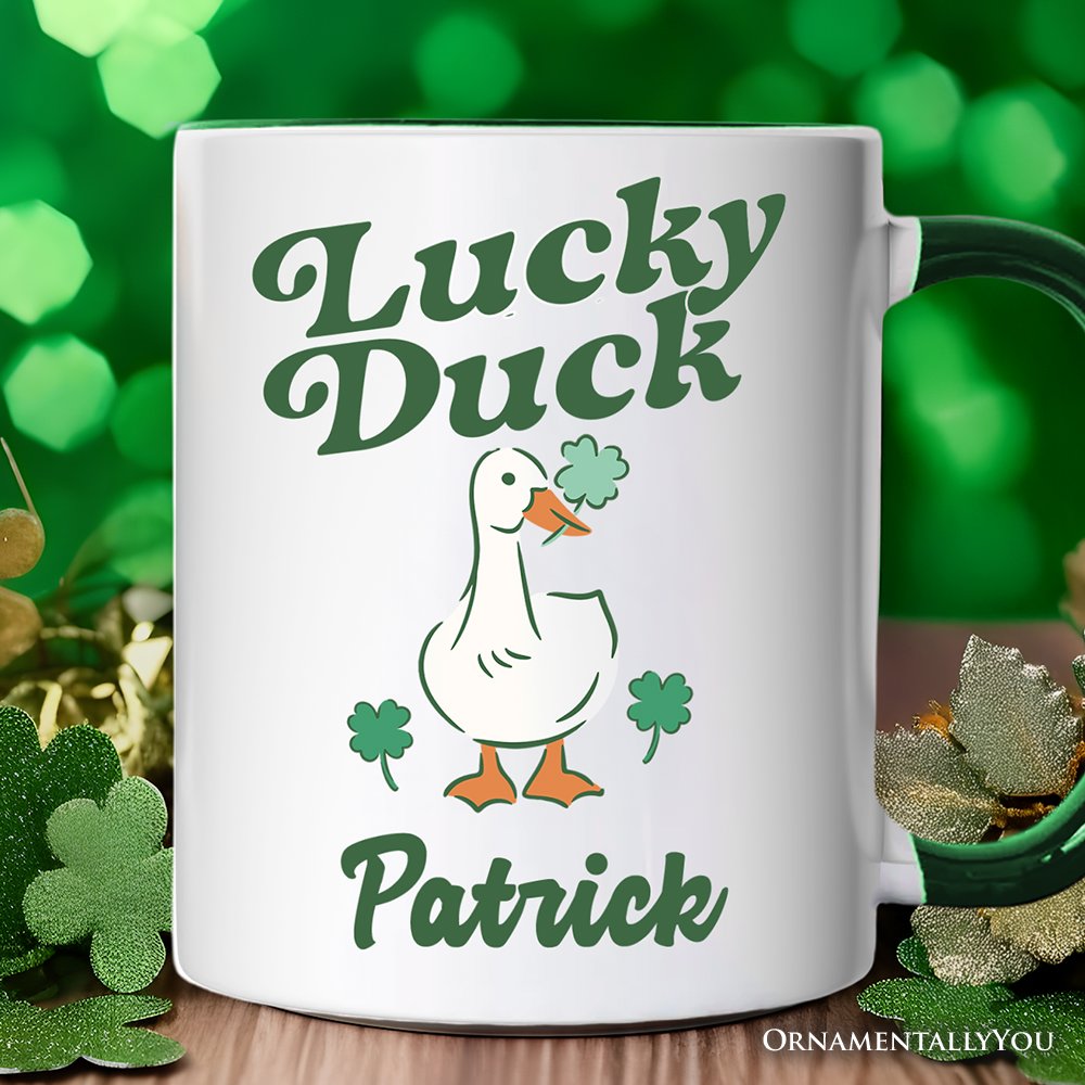 Lucky Duck St Patrick’s Day Shamrock Personalized Mug, Cute Clover Gift with Custom Name