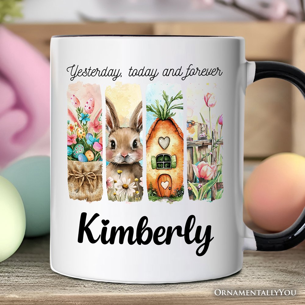 Easter Bunny Floral Brushstroke Personalized Mug, Spring Pastel Coquette Gift with Custom Name