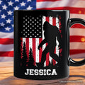 Bigfoot American Flag Personalized Mug, Patriotic Sasquatch Gift with Custom Name