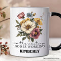 In the Waiting God Is Working Floral Christian Personalized Mug, Vintage Wildflower Faith Gift with Custom Name