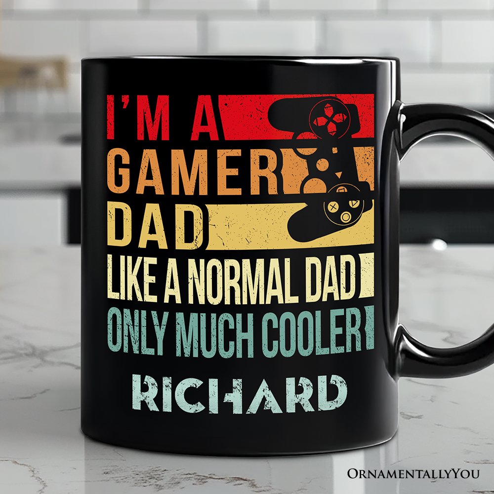 Gamer Dad Controller Personalized Mug, Black Funny Gift for Cool Fathers with Custom Name