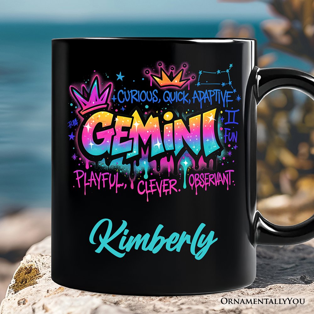 Gemini Graffiti Zodiac Personalized Mug, Street Style Astrology Horoscope Gift with Custom Name