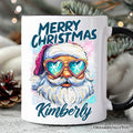 Merry Christmas Santa Sunglasses Christmas Personalized Mug, Funky Retro Holiday Gift with Custom Name